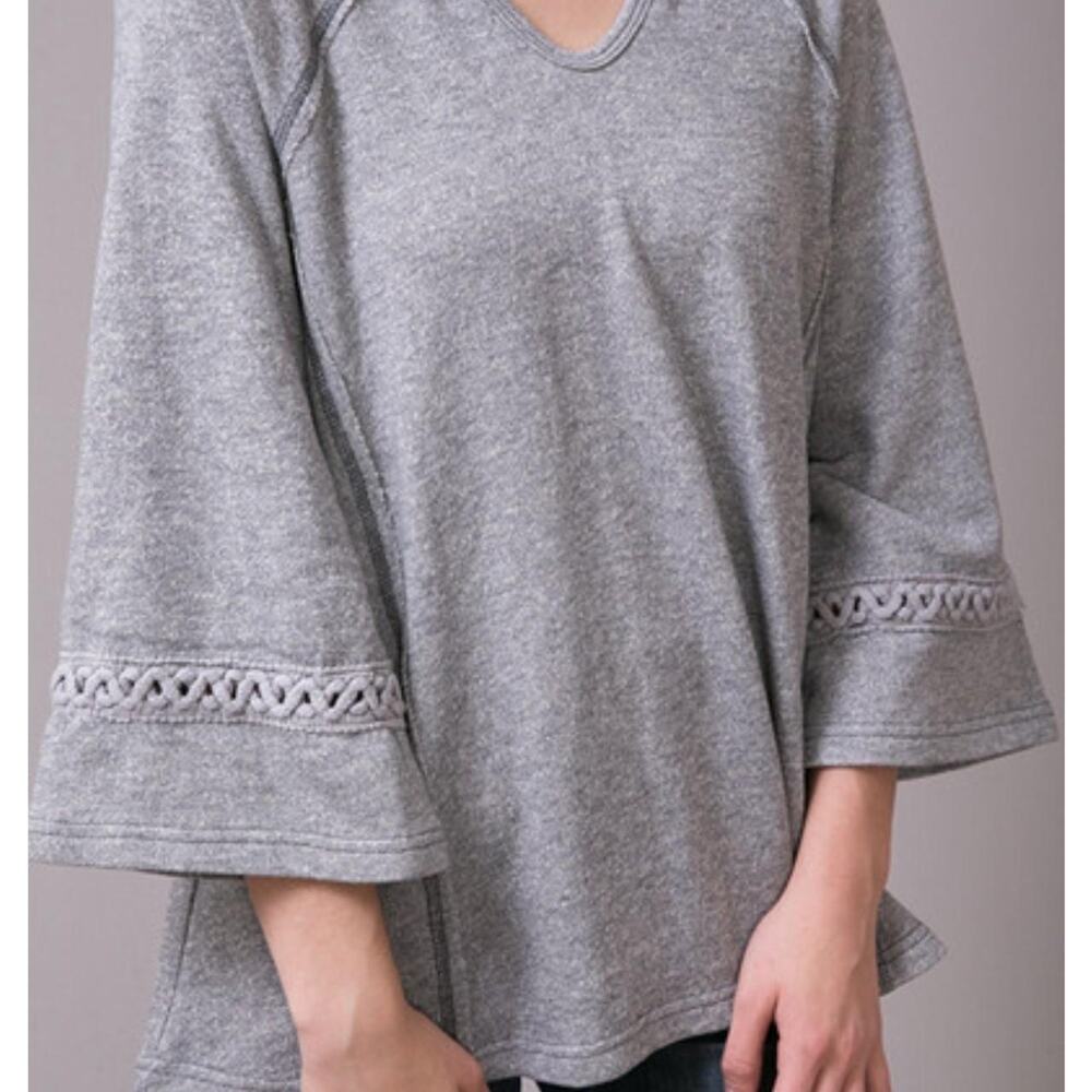 Free People Gray Waffle Thermal Crochet Bell Sleeve High Low Top Size M
